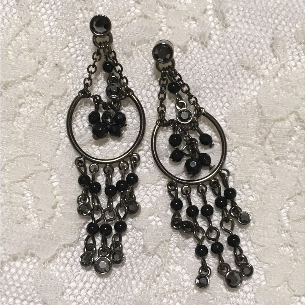 Chandelier Earrings Rhinestones black Beads Pierced Dark Silver Tone Metal